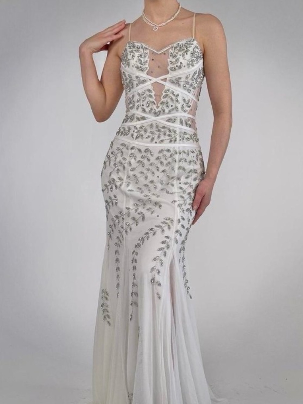 CACHE FORMAL GOWN Vintage 90s/Y2K Mermaid Evening Gown Beaded White/SIL SZ 0 XS